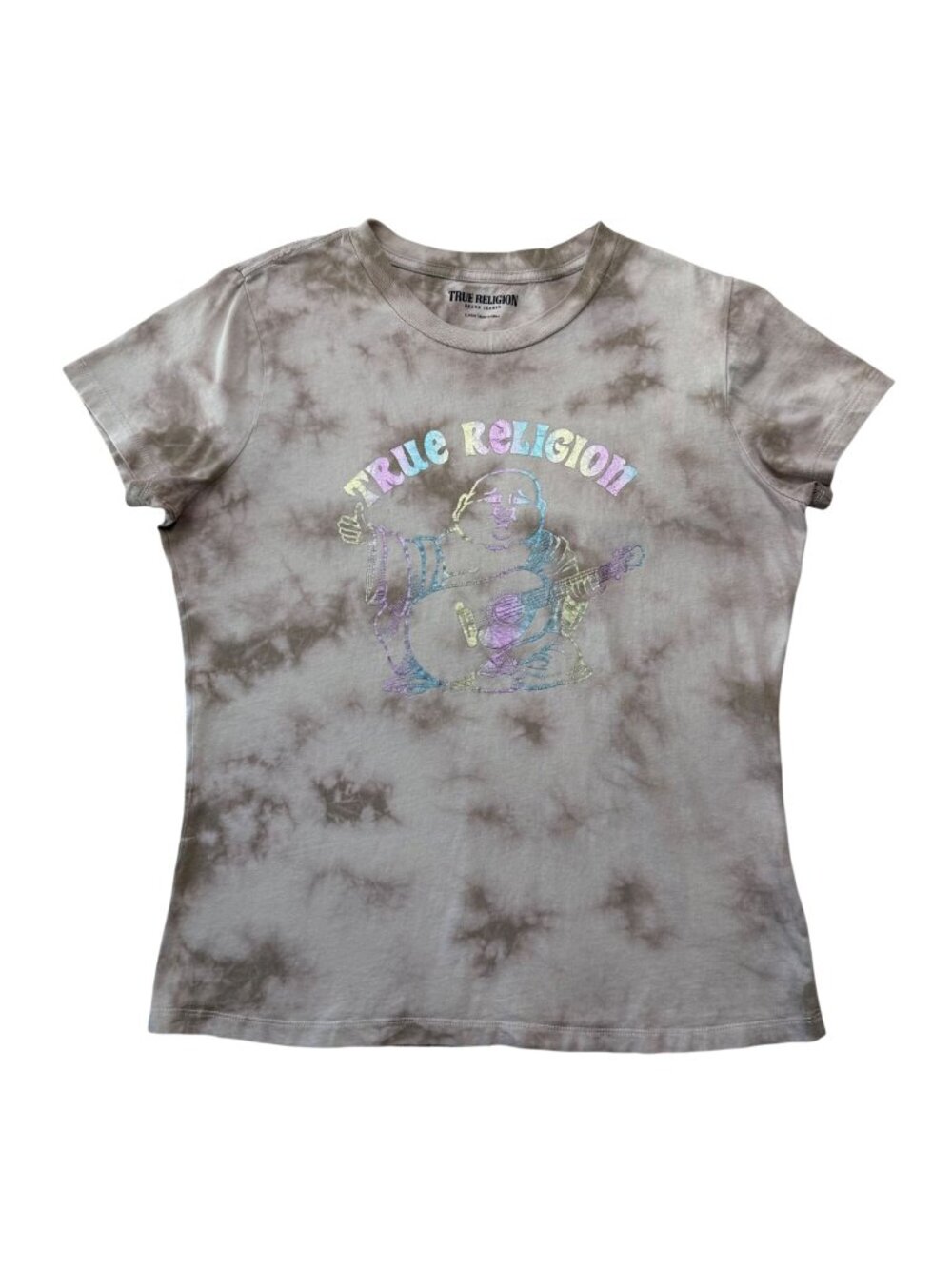 True Religion Buddha Logo Tee Pastel Iridescent Graphic Tan Tie Dye Y2K Women XL